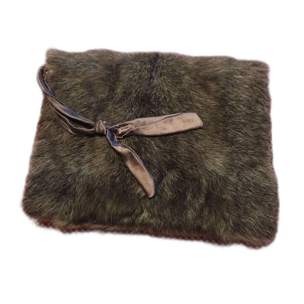 Vintage 1950s Fur Muff Handwarmer Satin Interior Tie Strap Gray Fur